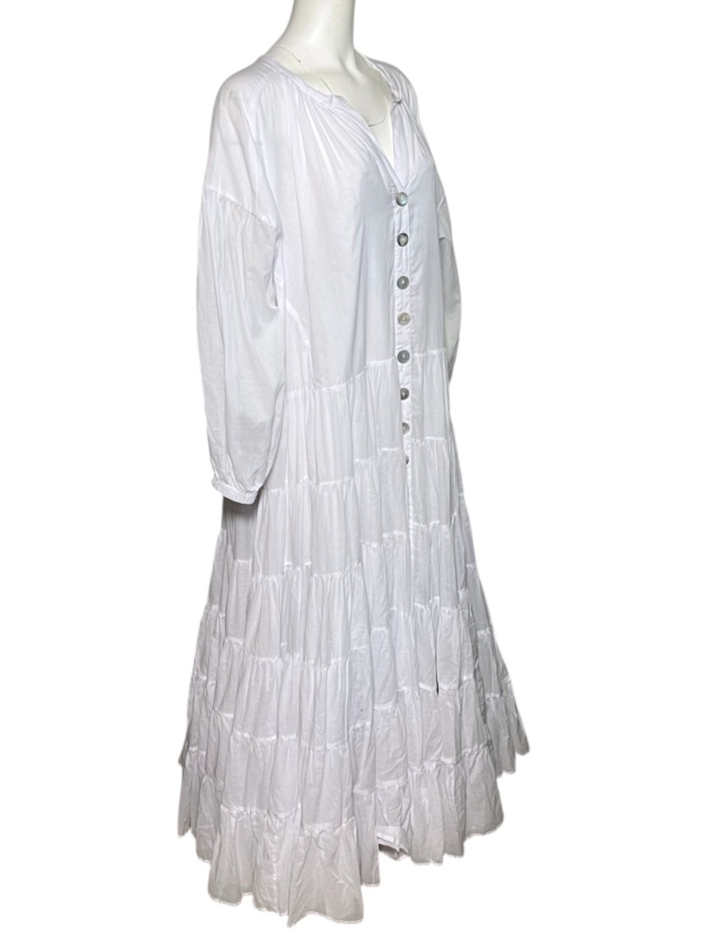 Erika Pena Ella White Tiered Maxi Dress Cotton Voile Button Front Boho OS NWT - Picture 4 of 9